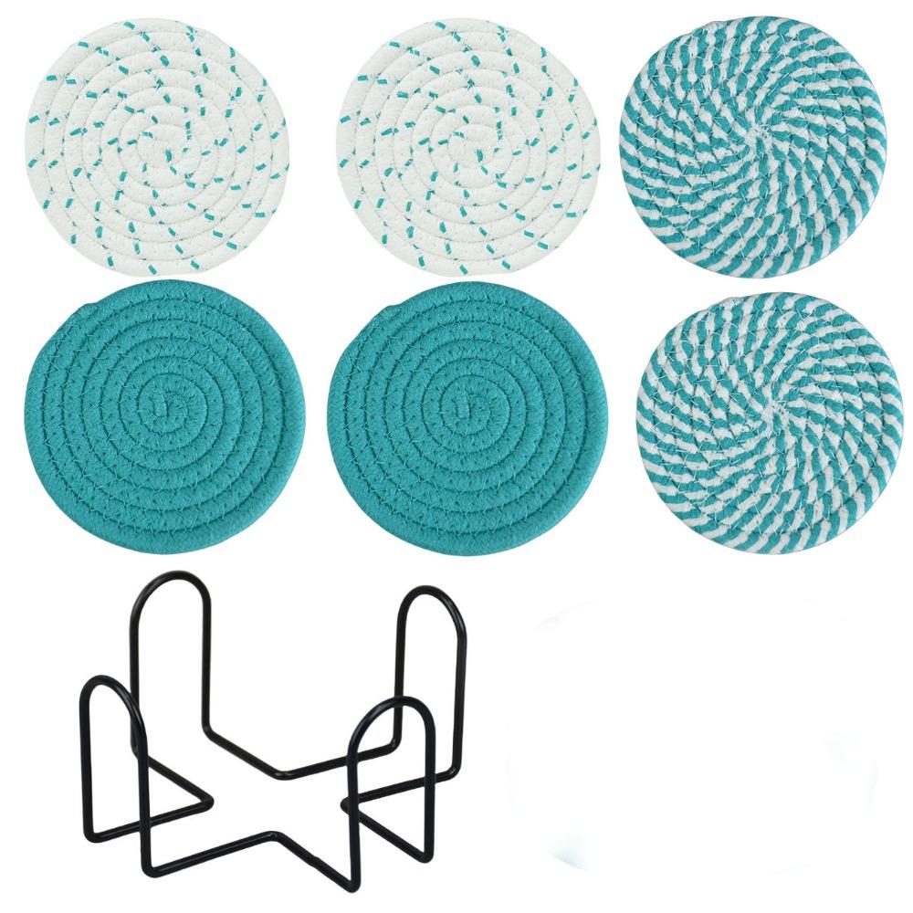 6Pcs Heat-resistant Woven Round  Coaster Set with Holder Tableware Mat Cup Coaster  Household