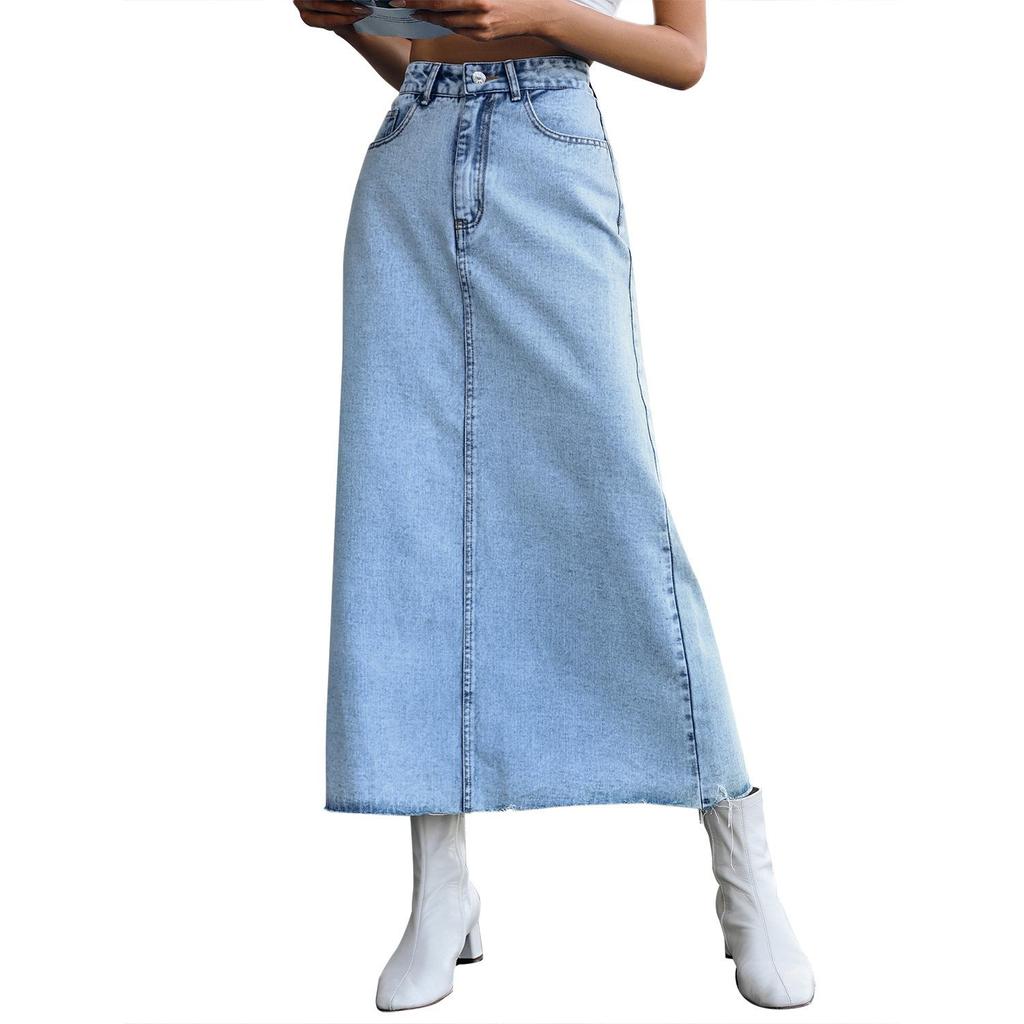Cross-border Women's European & American Casual High Waist A-line Denim Midi Skirt