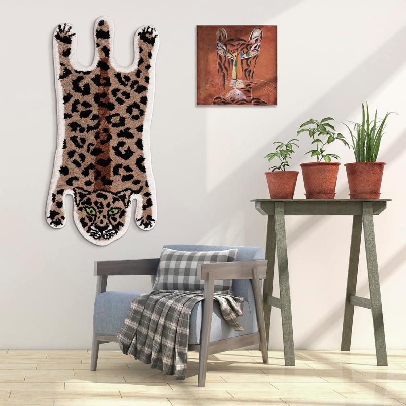 Leopard Panther Shaped Fluffy Soft Bath Mat Non Slip Water Absorbent Animal Doormat Bedroom Bathroom Floor Decor Rug
