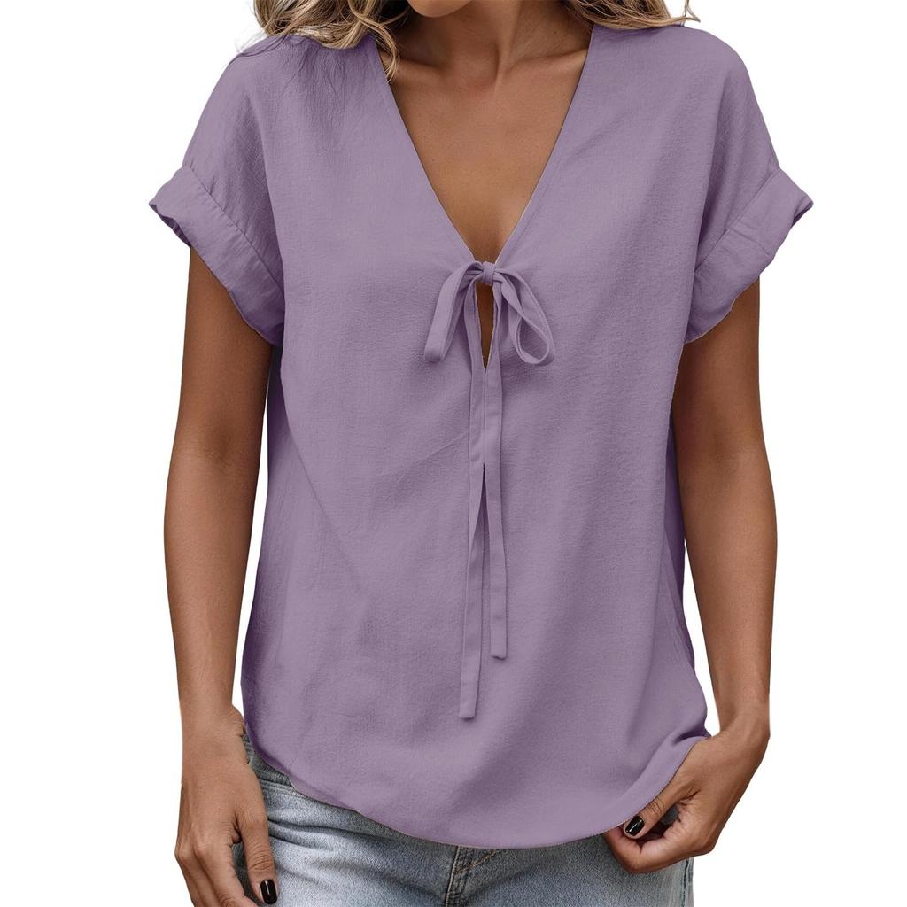 Women's Fashion Casual -Colour V-Neck Tie-Front Short-Sleeved T-Shirt Top