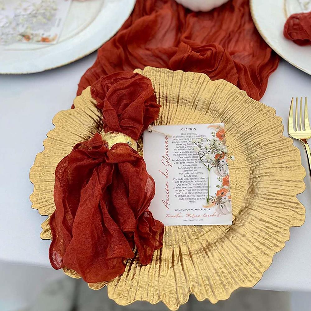 7-teiliges Gaze Tischläufer und Servietten Set Boho Gaze Käsetuch Rustikal Knittrig Dekor für Hochzeit Geburtstagsparty Abendessen