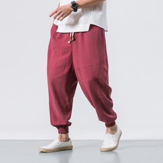 Summer Men Harem Pants Loose Ankle Length Pockets Pure Color Plus Size Japanese Style Deep Crotch Casual Daily Wear Long Trousers