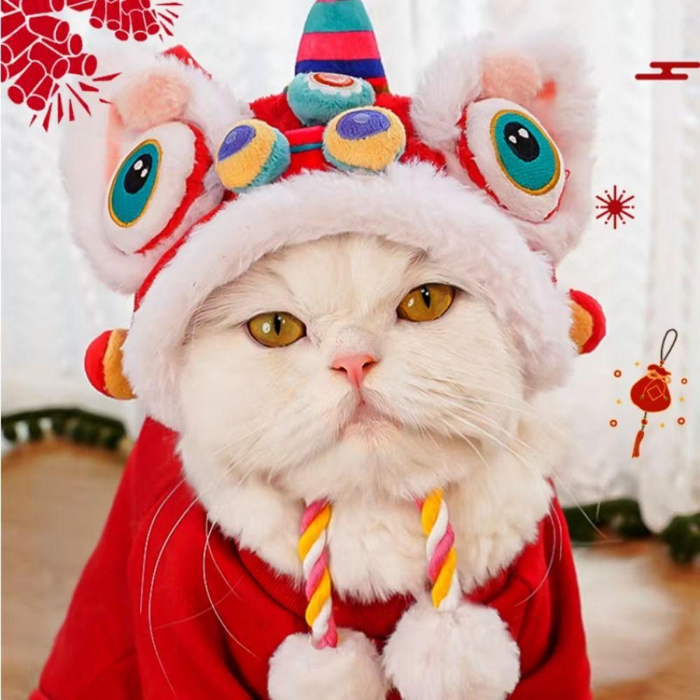 Soft Cat Dance Lion Hats Chinese Style Pet Christmas Costume Fashion Cute Plush Pet Caps Kitten