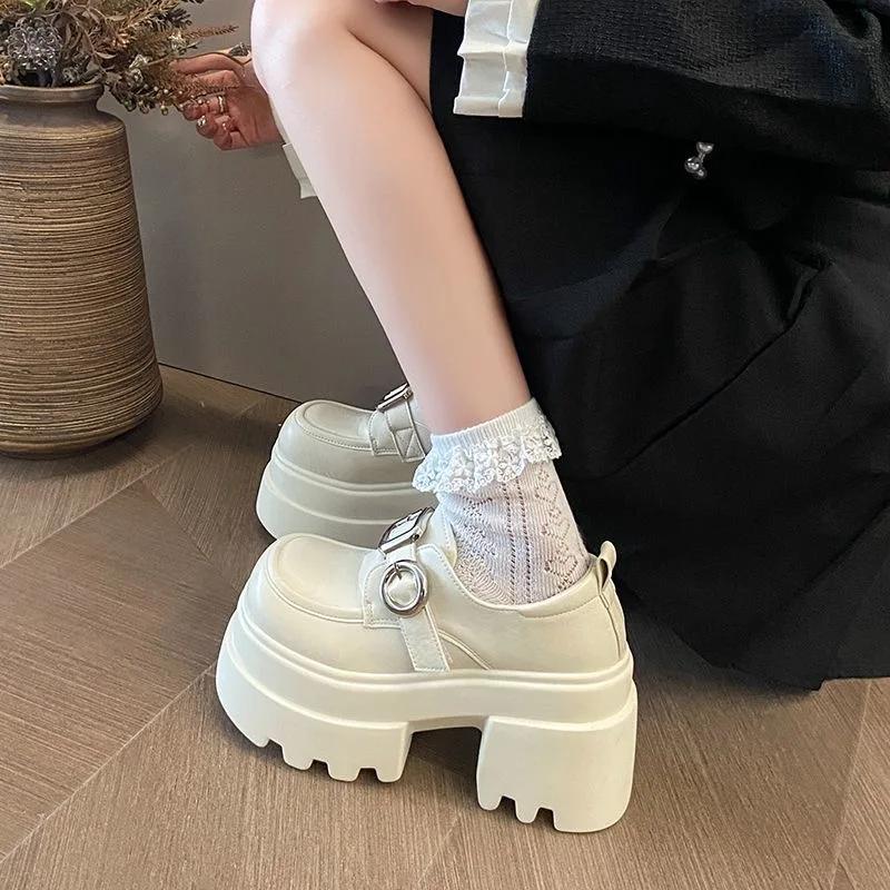 10CM Heels Women Leather Loafers Fad Designer Belt Buckle Lady Mary Jane Shoe Retro British Thick Sole Casual Shoe Zapatos Mujer
