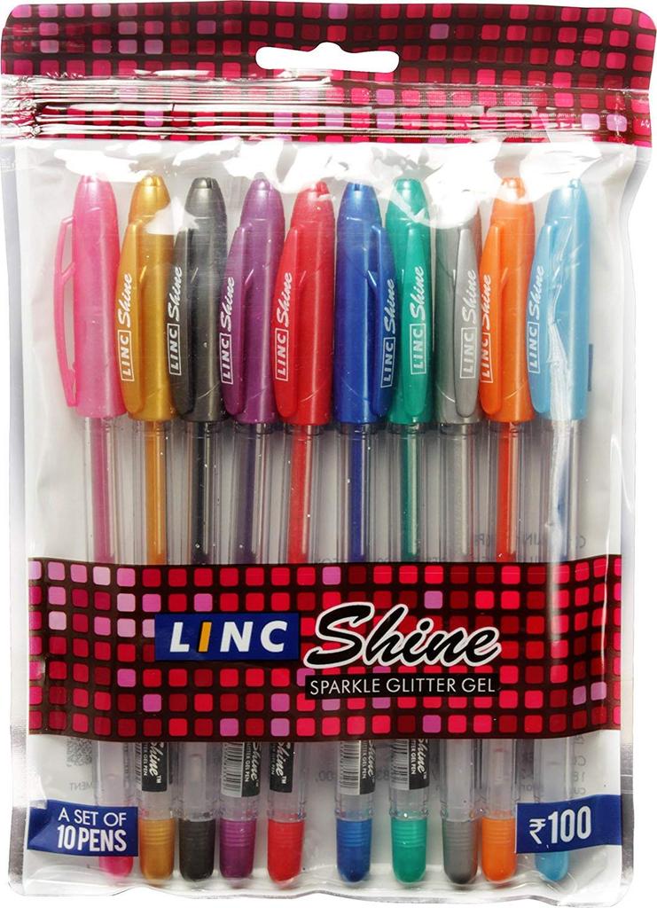 Linc Shine Glitter Gel Pens 1.0mm Multicolour Ink Pack of 1 X 10pcs Click Cap Smooth Writing For School Office Art Projects