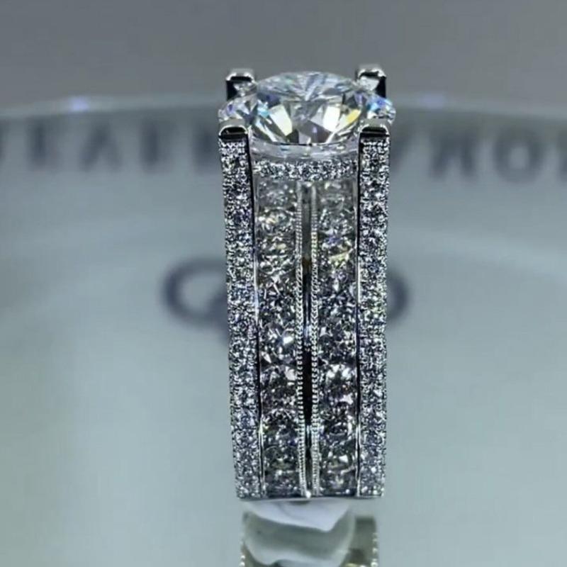 Exquisite Silberfarbene Inlay-Doppelreihe Cubic Zirkonia Ringe Luxuriöse Verlobungs-Eheringe für Damen Schmuck