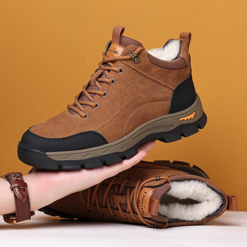 

Winter anti-velvet cowhide men s cotton shoes outdoor velvet high-top leather wool warm men s casual men s shoes 38 верблюд