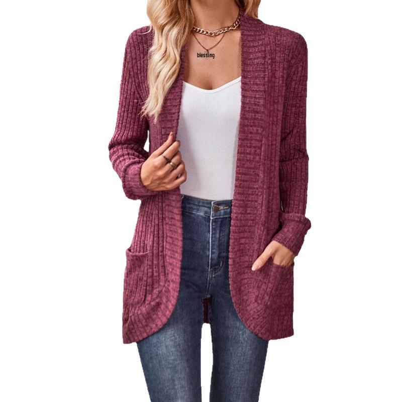 2025 Spring/Autumn Solid Color Ribbed Knit Cardigan Jacket