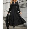 Autumn Fashion Style Fashion Commuter Ol Pure Color V-neck Waist-Controlled Slimming Temperament Long Sleeve Large Swing Dress Dress Dress