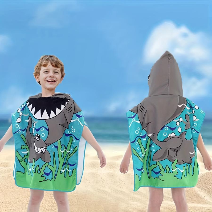 Ocean Adventure Shark Flat Print Hooded Beach Towel Kids Toddler Boy Summer Vacation Beach Pool Poncho Cloak Changing Robe