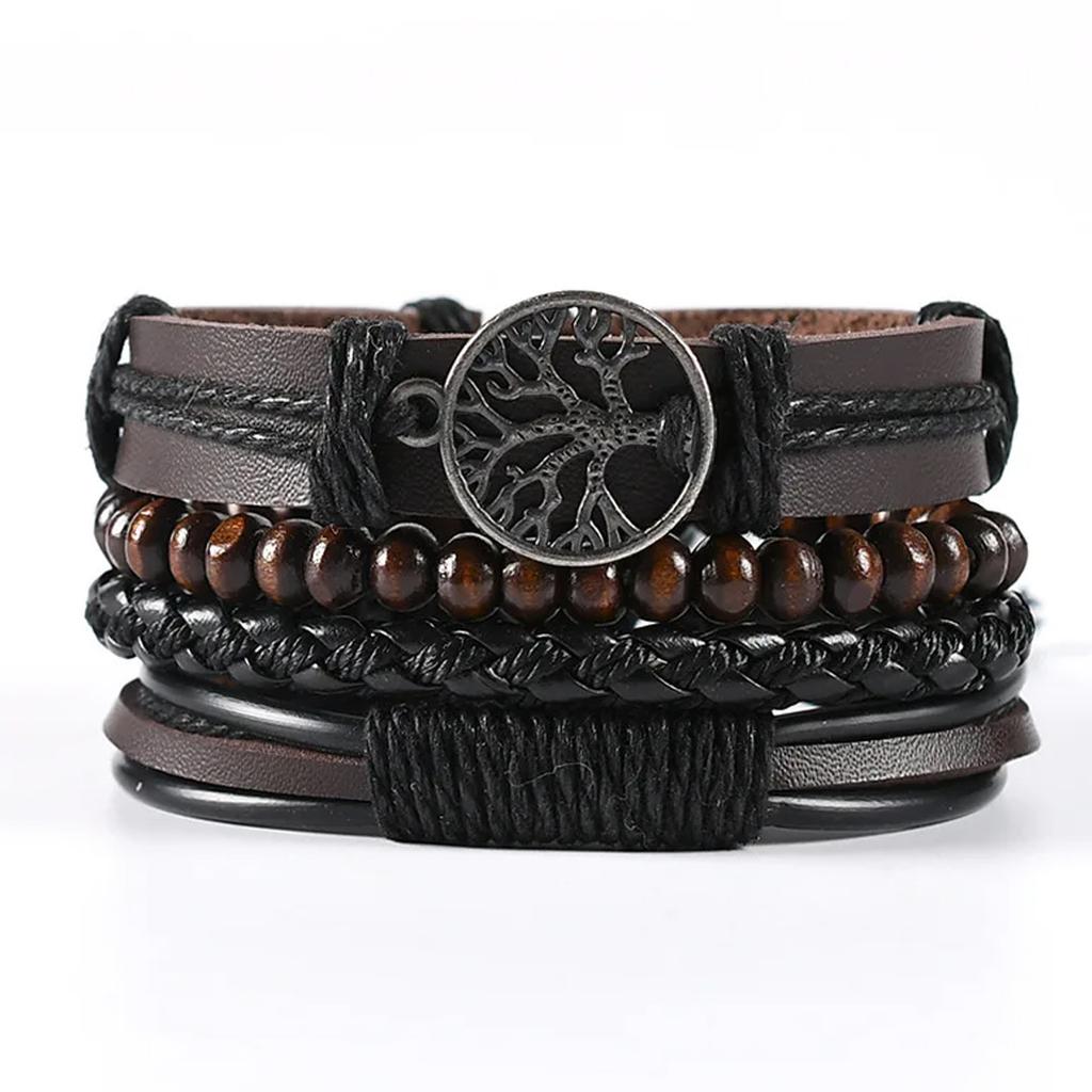 4Pcs/ Set Braided Wrap Leather Bracelets for Men Vintage Life Tree Rudder Charm Wood Beads Ethnic Rope Bracelet