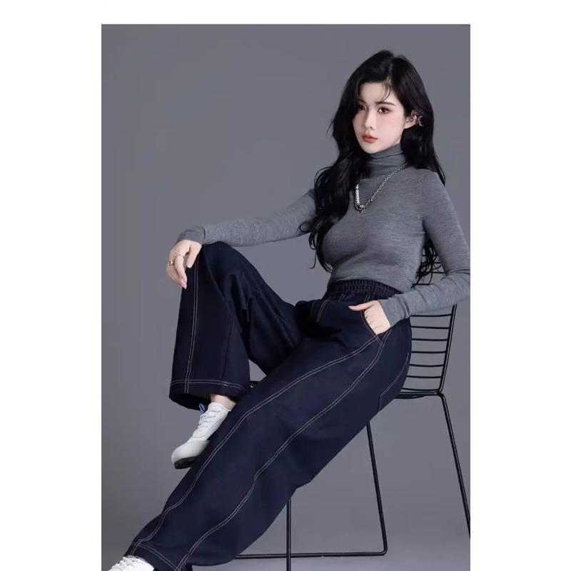 Elastic Waist Wide Leg Jeans Women's Spring Autumn Loose High Waist Sickle Shaped Knife Pants Casual Denim Pant