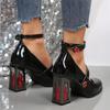 Fashion Beige High Heels African Woman Shoe Mary Jane Patent Leather Chunky Sandals 12cm Burgundy Lolita Retro Block Big Pumps Janes