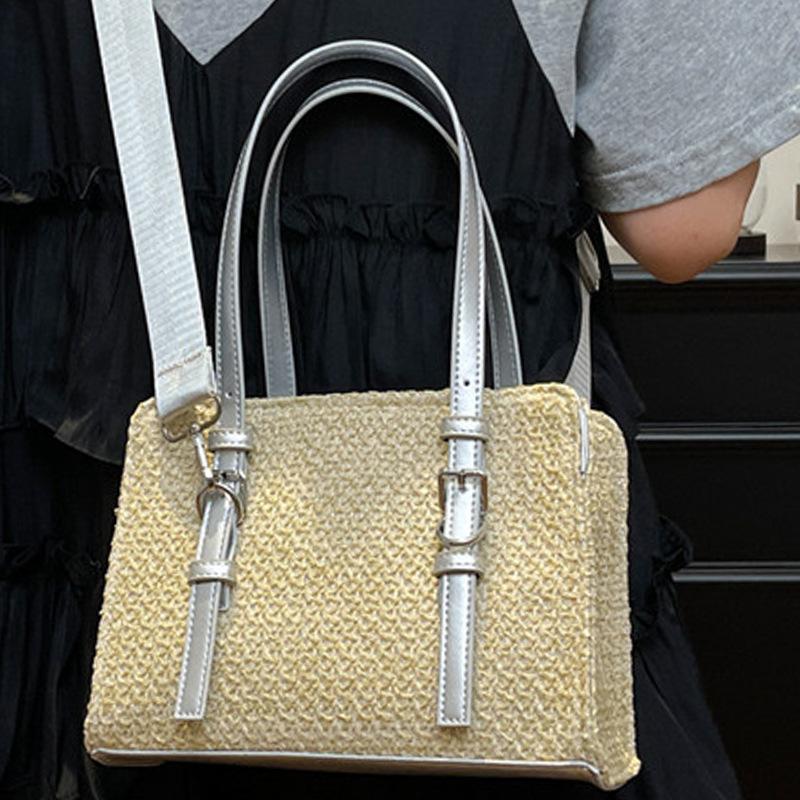 Fashion Women's Bag 2025 Summer New Foreign Style Shoulder Bag Simple Messenger Bag Straw Splicing Casual Small Square Bag Tide