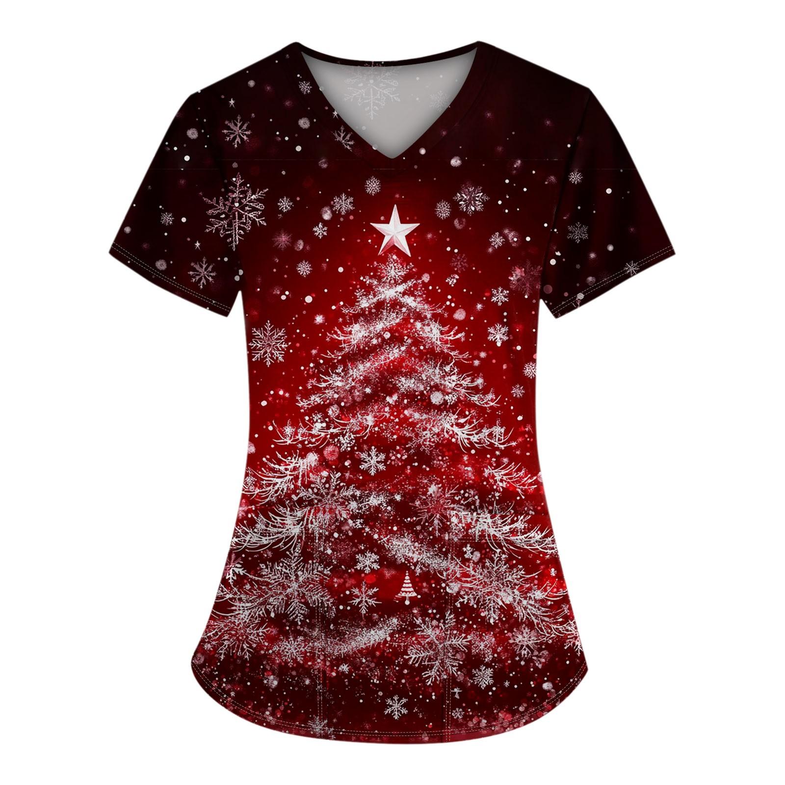 

Женский топ с короткими рукавами и рождественским принтом, V-образным вырезом и карманом L винный