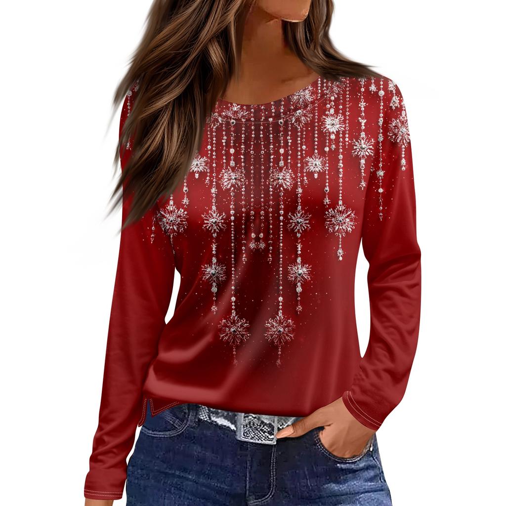 Dame Mote Casual Slitt Kant Rund Hals Langermet Løs Trykket T-skjorte Topp