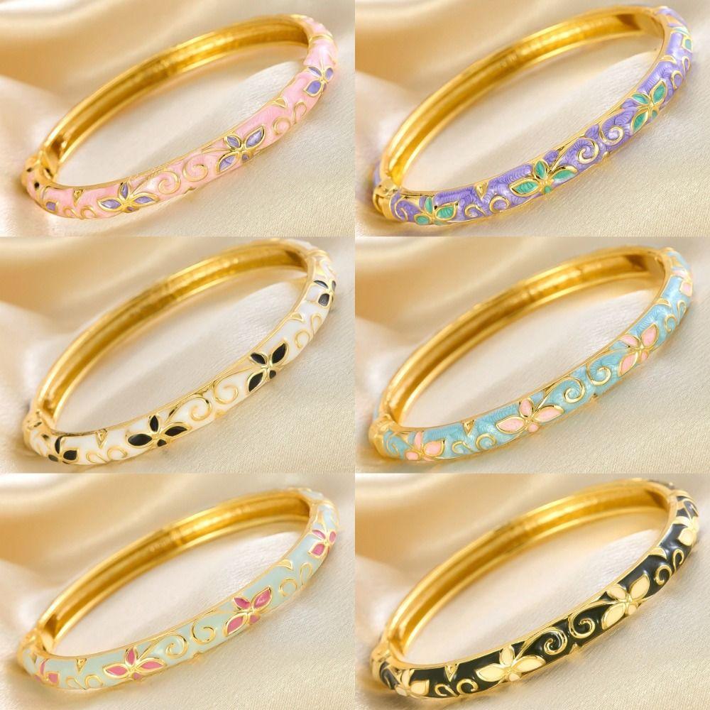Traditional Hollow Out Flower Bangle Classic Women's Hand Bracelet Vintage Cloisonne Bangle  Girls