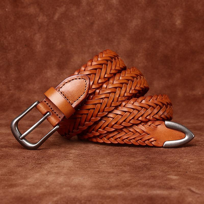 2.8cm Waist Belt, Women's Genuine Leather Top Layer, Cowhide Hand Woven Belt, Braided Needle Buckle, Versatile Casual Pants Belt for Couples