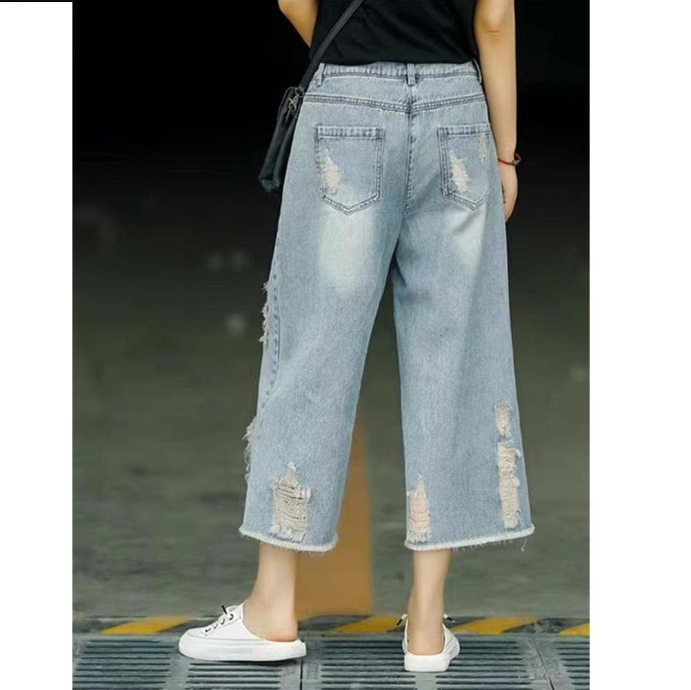 Retro Distressed Ripped Jeans for Women In Summer, Thin, High Waisted, Loose, Wide Leg Pants for Women, Short and Casual Cropped Pants