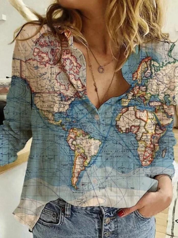 2021 European & American Map Print Long Sleeve Women's Shirt
