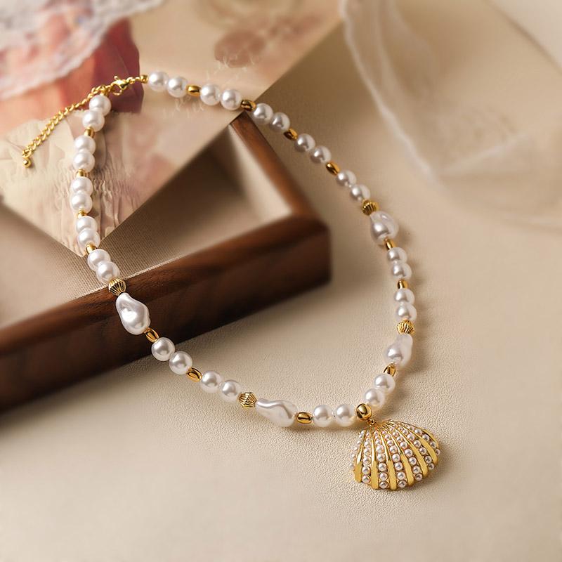 HECHENG,Sweet Romantic Brass Heart Pentagram Teardrop Pearl Necklace Bohemian Style Conch Shell Pearl Jewellery