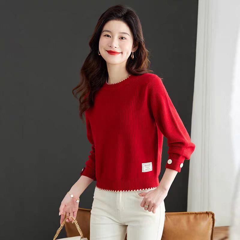 Sweater Women's Round-neck Casual Pullover Sweater Thickened Color-blocked Knitted Sweater Loose and Warm Inner Layer Top