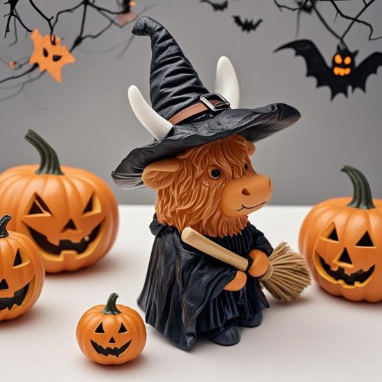 Highland Cow Resin Figurine Halloween Christmas Highland Cattle Cat Statue Animal Sculpture Holiday Party Decoration Ornament