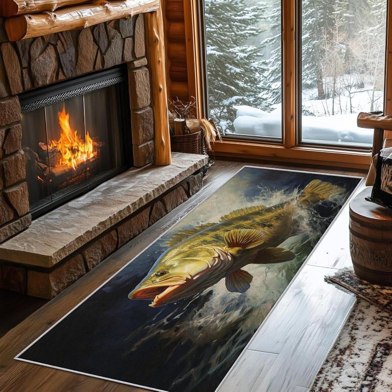 Fish Print Carpet Outdoor Theme Fish Pattern Floormat Absorbent Non-Slip Rug for Bedroom Living Room Kitchen Study Hallway