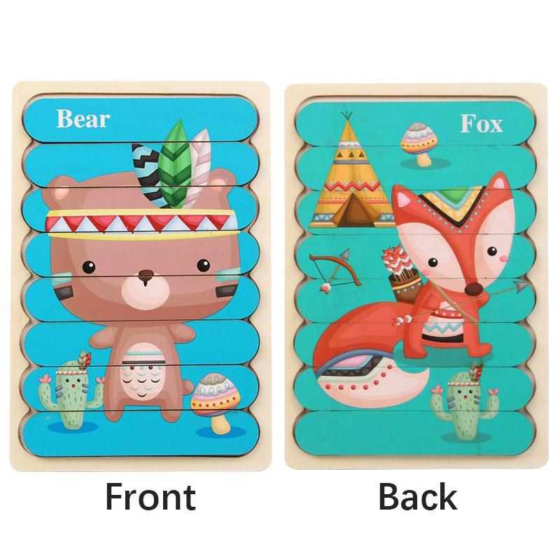 Cartoon Animal Double-sided Strip Wooden Puzzles Kids Montessori Jigsaw Game Baby Educational Toys for Children