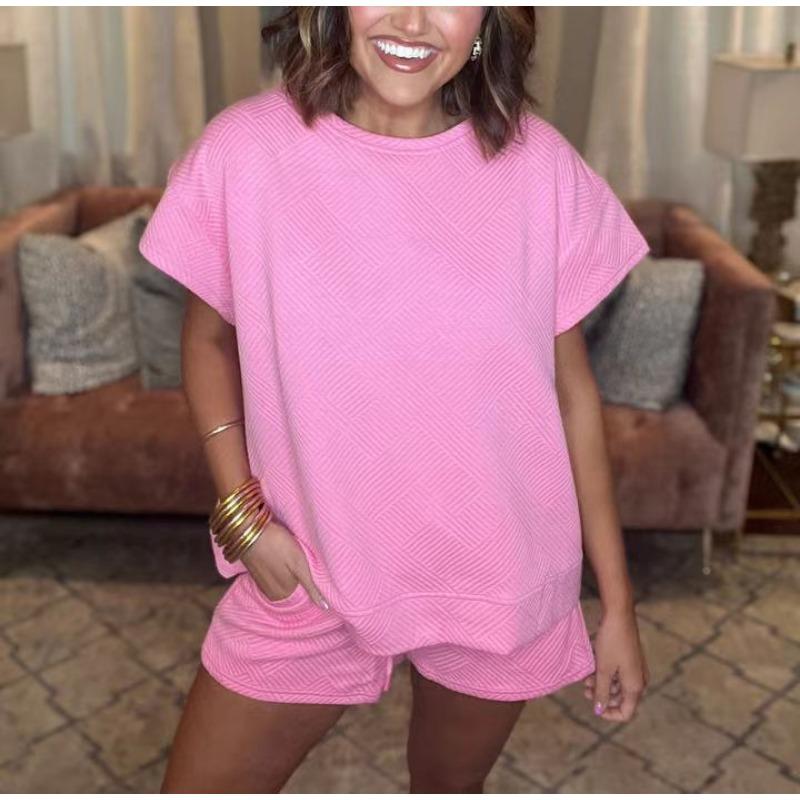 YYFS Moda dame ocazional vară primăvară culoare uni imprimeu mâneci scurte cu gâtul O pantaloni pantaloni costume