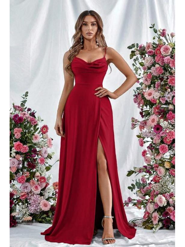 European Spring 2026 Strappy Off-Shoulder Sleeveless Slit Solid Color Elegant Women's Dress