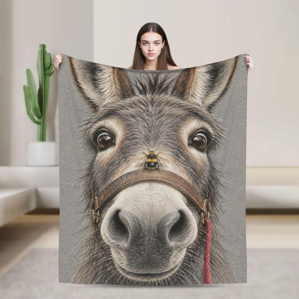 Donkey Portrait Flannel Throw Blanket, Farmhouse Animal Decor, Soft Cozy Gift