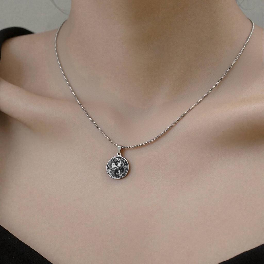 Tai Chi Yin-Yang Dragon Phoenix Pendant Necklace for Women Men Stainless Steel Jewelry Gift