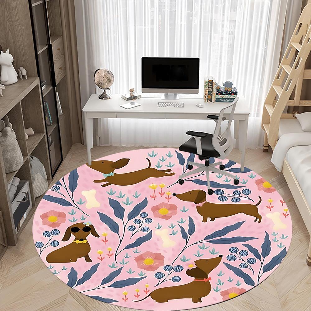 1PC Dachshund Floral Office Round Area Rug, Mat Suitable For Office, Under Office Chairs Bedroom Living Room Home Decor, Room Deco