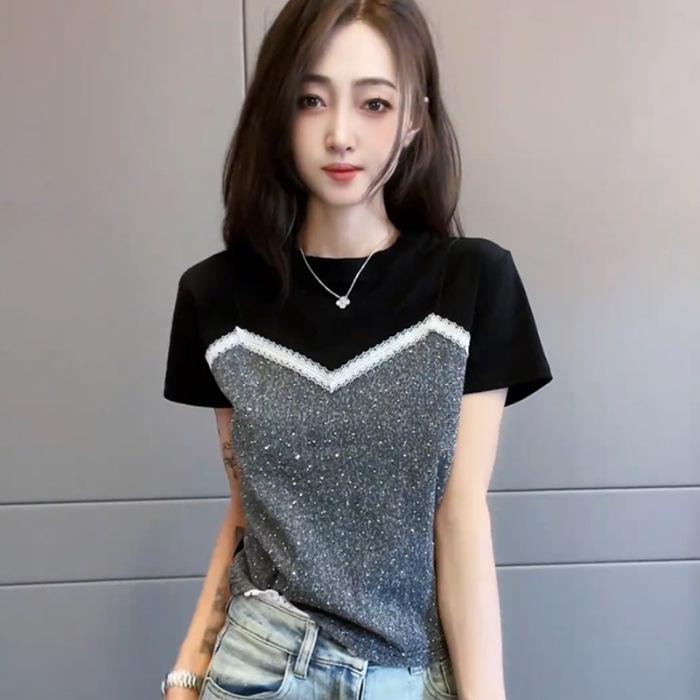 2026 Summer Women's Casual Sequin Patchwork Round Neck T-shirt