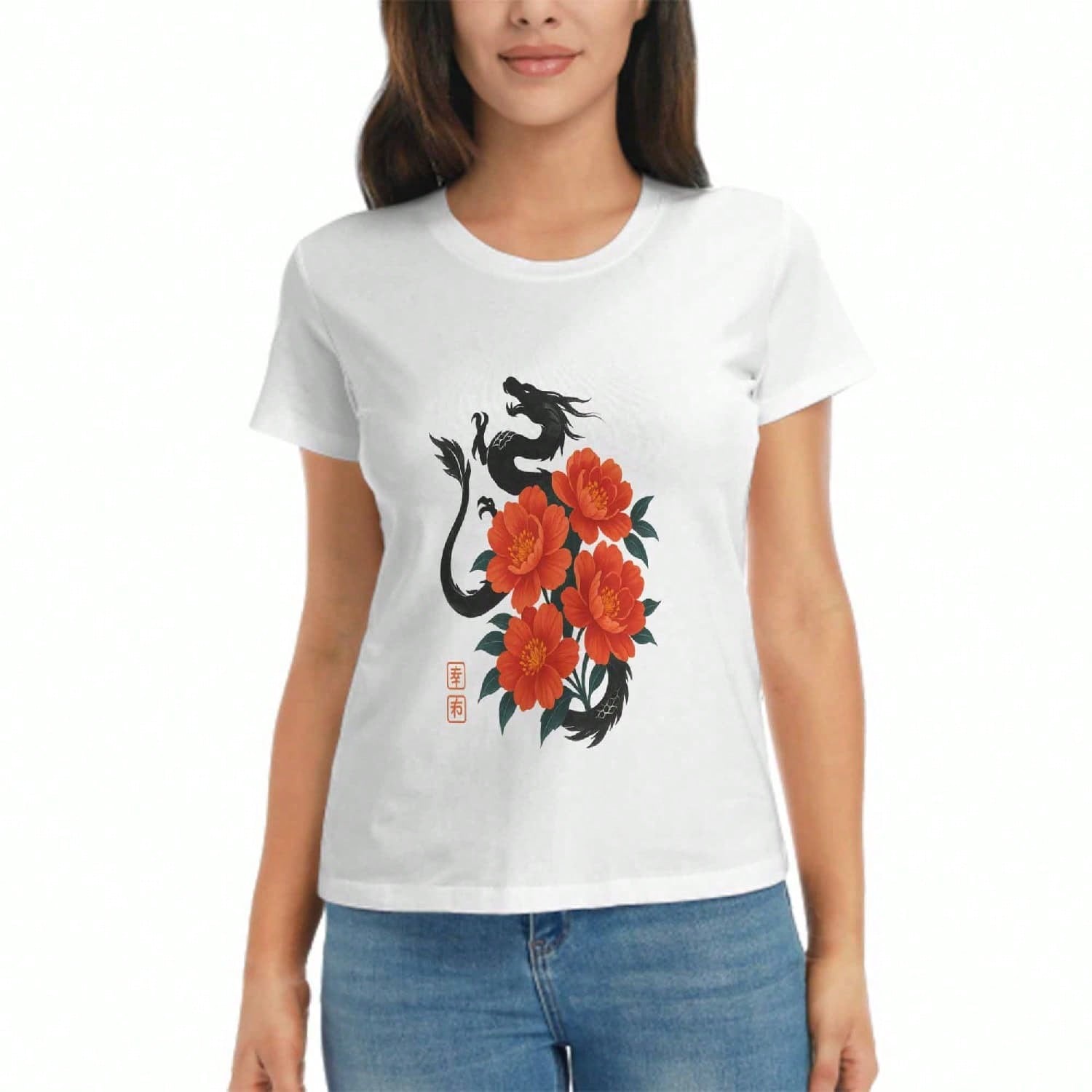 Dragon Head Ladies Cotton T Shirt, Pure Cotton Premium Print,Durable,Casual And Stylish, Red Dragon Head Graphic Tee,Traditional Chinese Dragon Patter S разноцветный