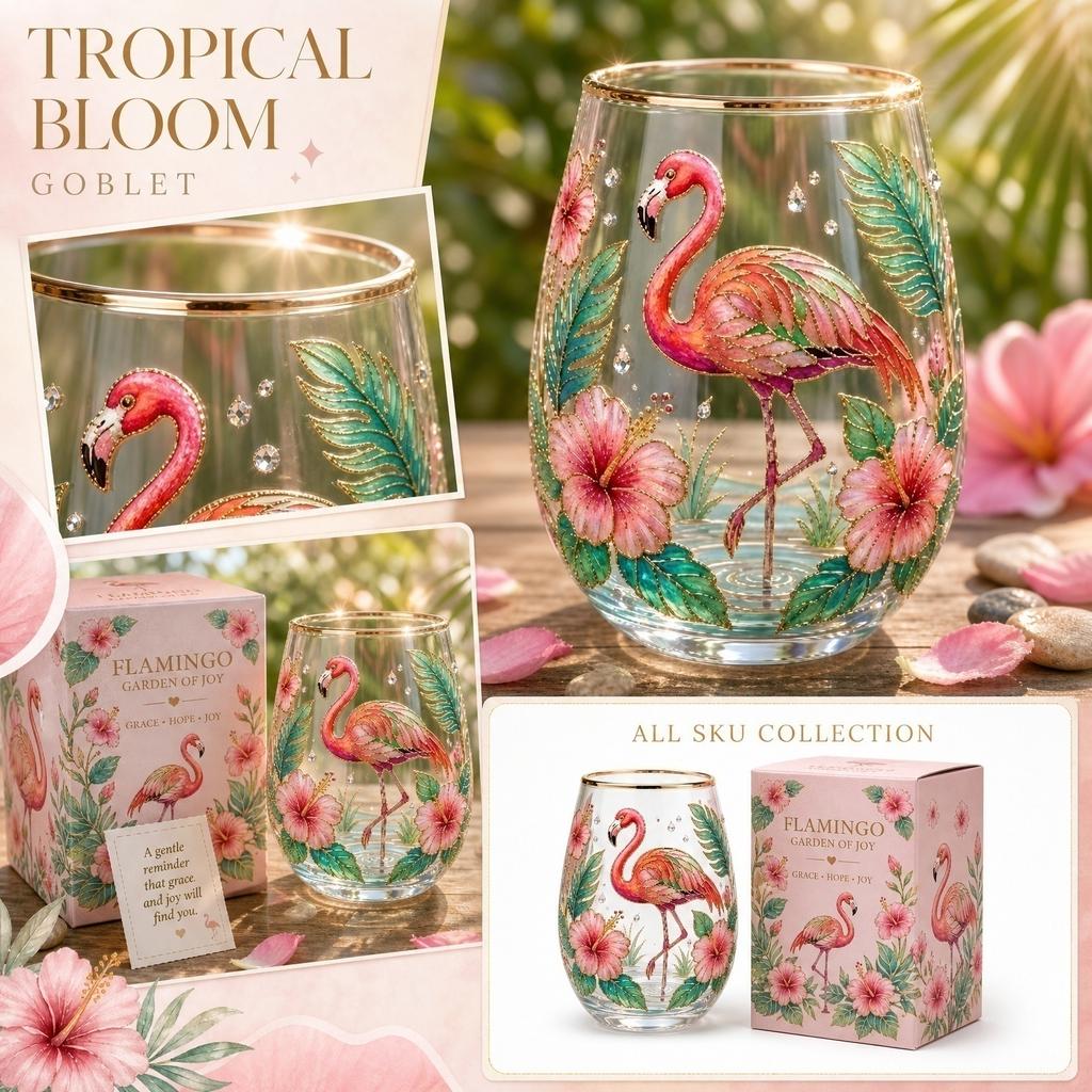 Glass Tumbler with Flamingo and Tropical Floral Design Gold Rimmed Stemless Drinking Glass for Everyday Use and Special Occasions