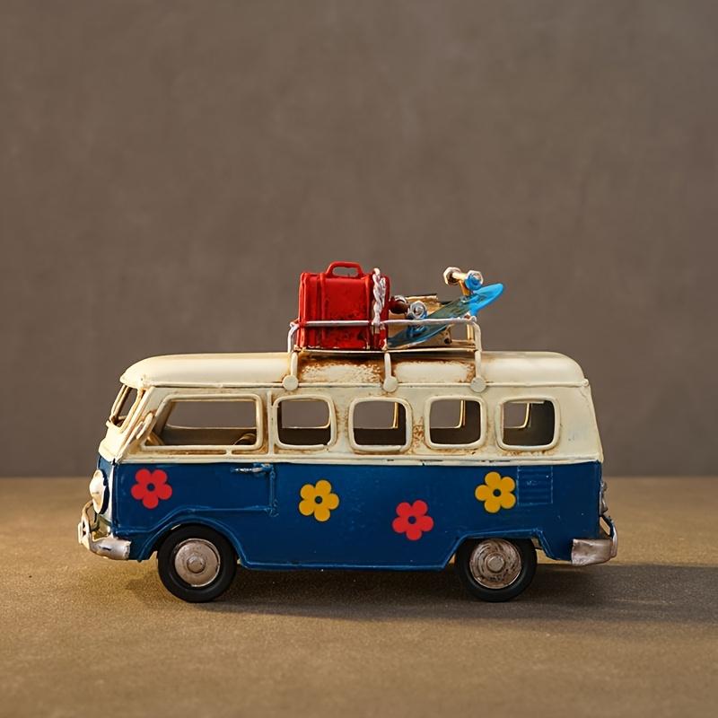 Vintage Iron Art Bus Model with Floral Design,American,European Style, Rustic Decorative Statue for Home, Living Room, or Office Display, Bus Decor