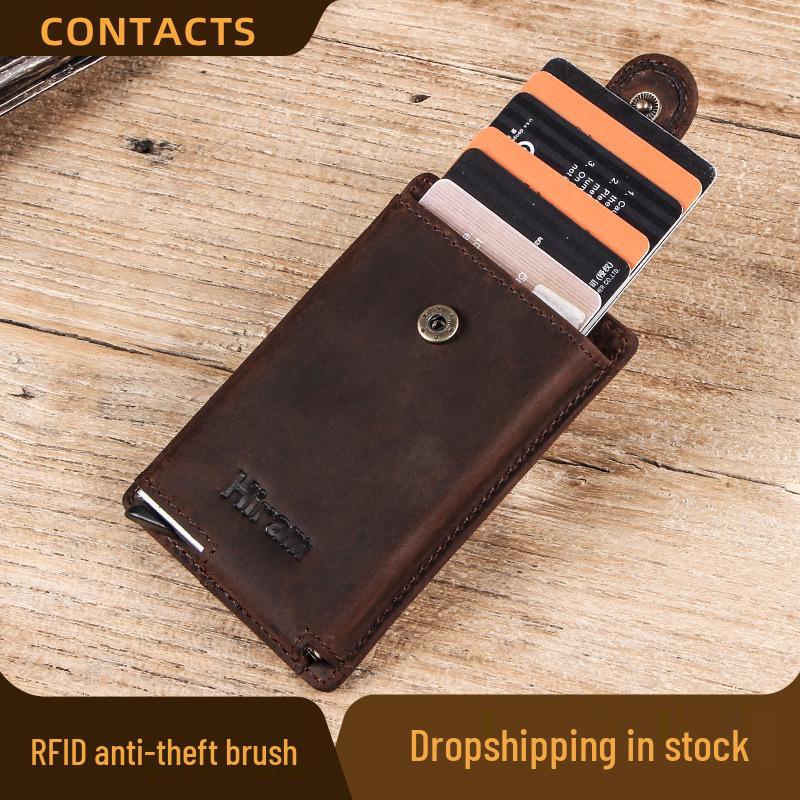 Black Angel FRID Vintage Crazy Horse Leather Automatic Card Holder with Buckle - Genuine Leather Wallet.