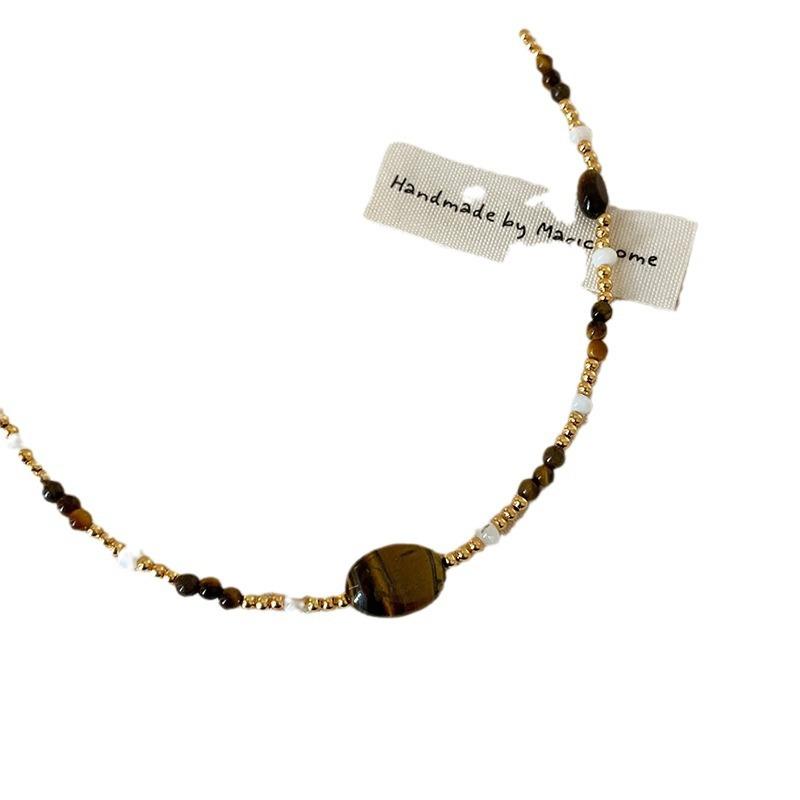 Retro Light Luxury Tiger'S Eye Stone Beaded Stackable Necklace Women'S Unique Design Elegant Versatile Neck Chain Collarbone Chain