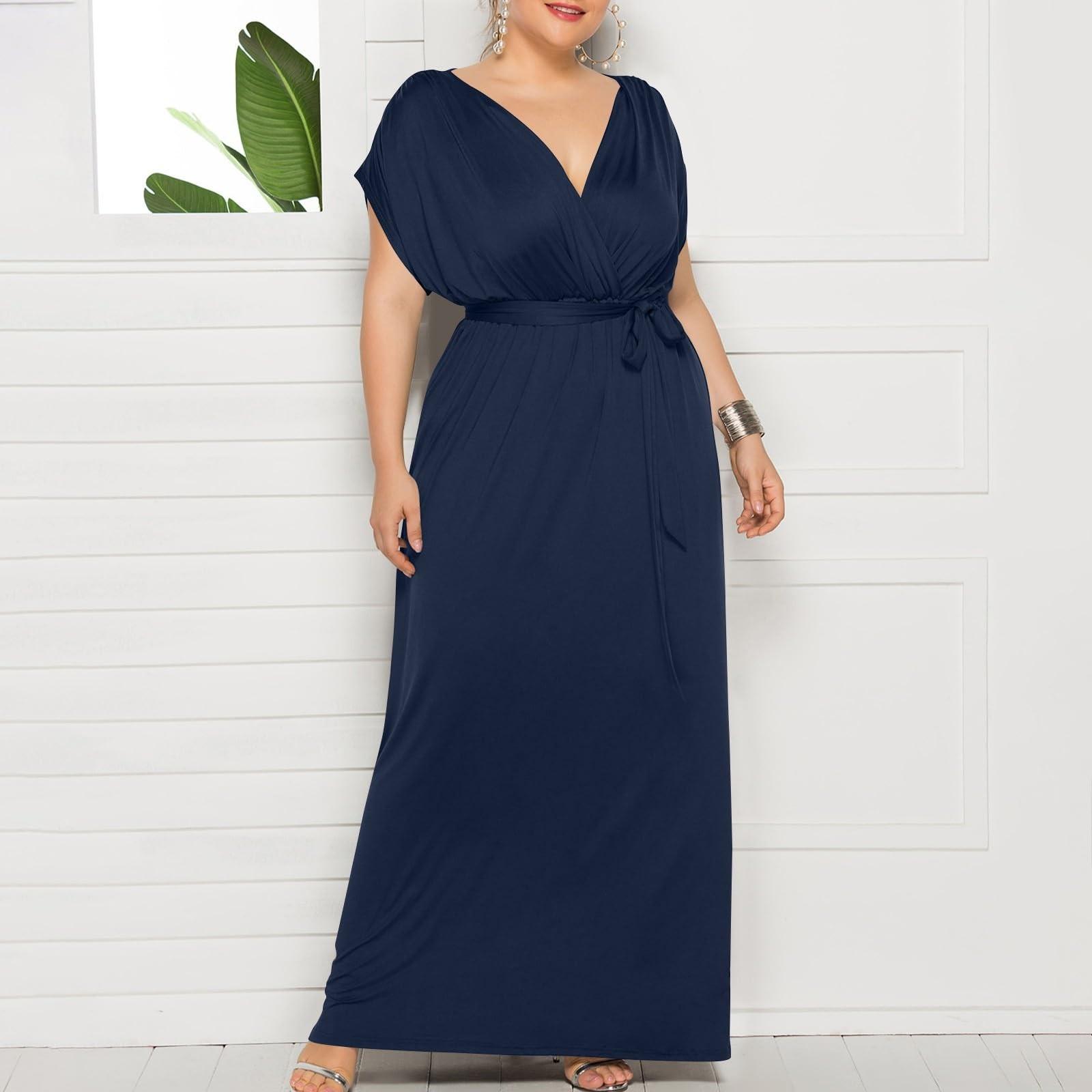 Women s Fashionable And Sexy Plus Size Color V-neck Short Sleeved Loose Hem Dress L