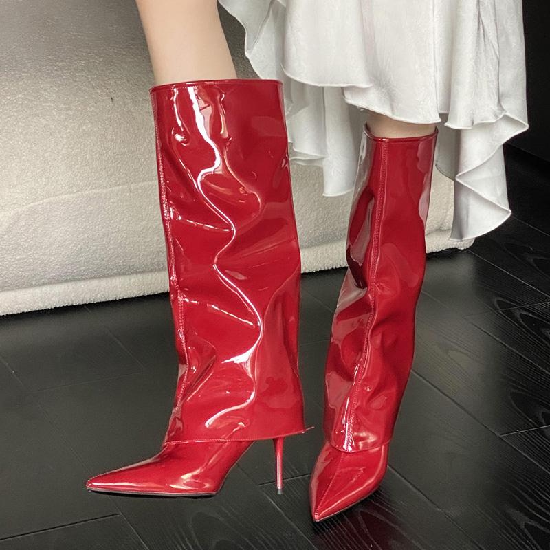 Fashion Eilyken Winter Pointed Toe Patent Leather Women Knee High Boots Street Style Thin  High Heels Long Booties Party Ladies Shoes