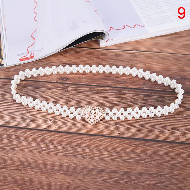 Women Ladies Pearls Beads Chain Belt Stretchy Flower Buckle Waistband