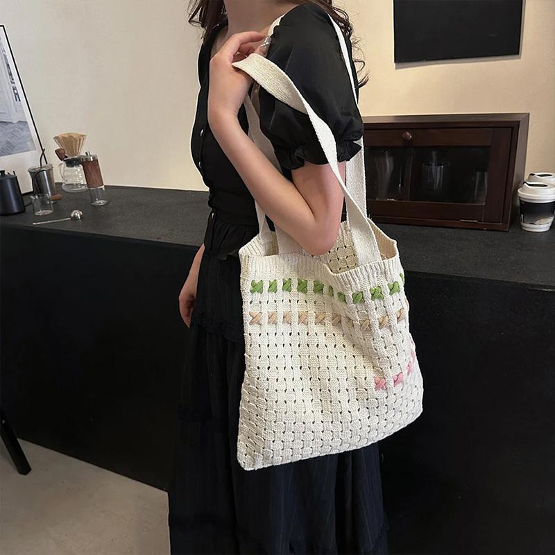 Women Crochet Shoulder Bag Large Capacity Bow Design Aesthetics Handbag Shopper Daily Shoulder Bag Casual Commuting Bag AVE
