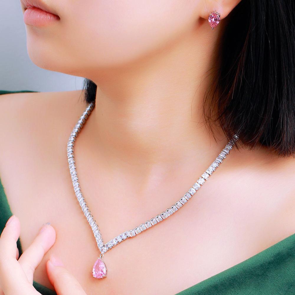 Princess Pink Diamond Stud Earrings Necklace Skinny Zircon Two-Piece Set Earrings Pendant Necklace Set