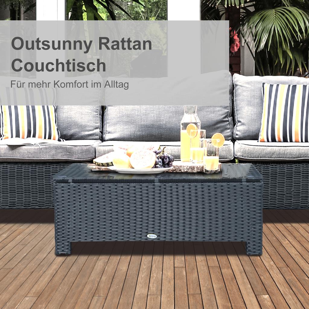 PE Rattan Coffee Table, Rectangular Outdoor Coffee Table with Tempered Glass Top, 70 KG Capacity for Garden, Balcony, Terrace, Patio, Black