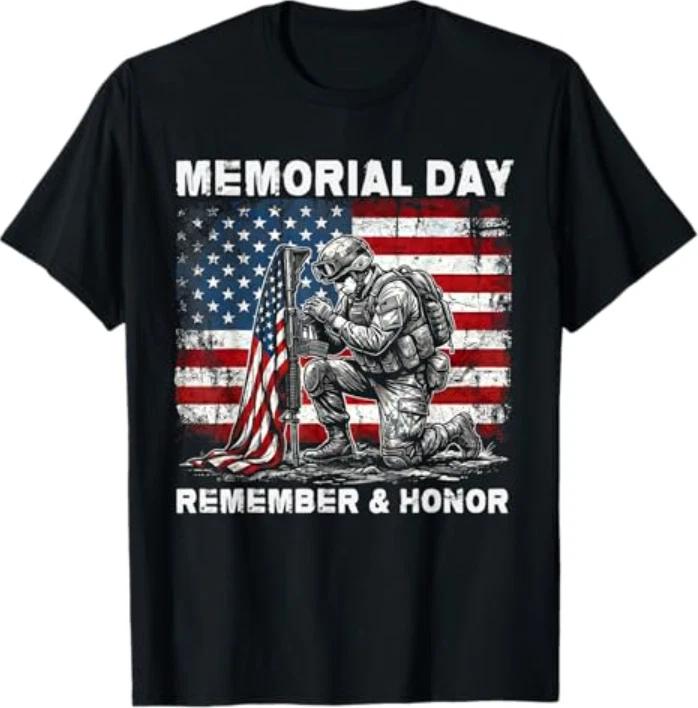 Memorial Day Remember and Honor Patriotic US Flag Military T-Shirt S