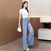 Women's High-Waisted Light Blue Denim Wide-Leg Pants with Rhinestone Embroidery - 2026 Spring/Autumn Chinese Style Slimming Casuals