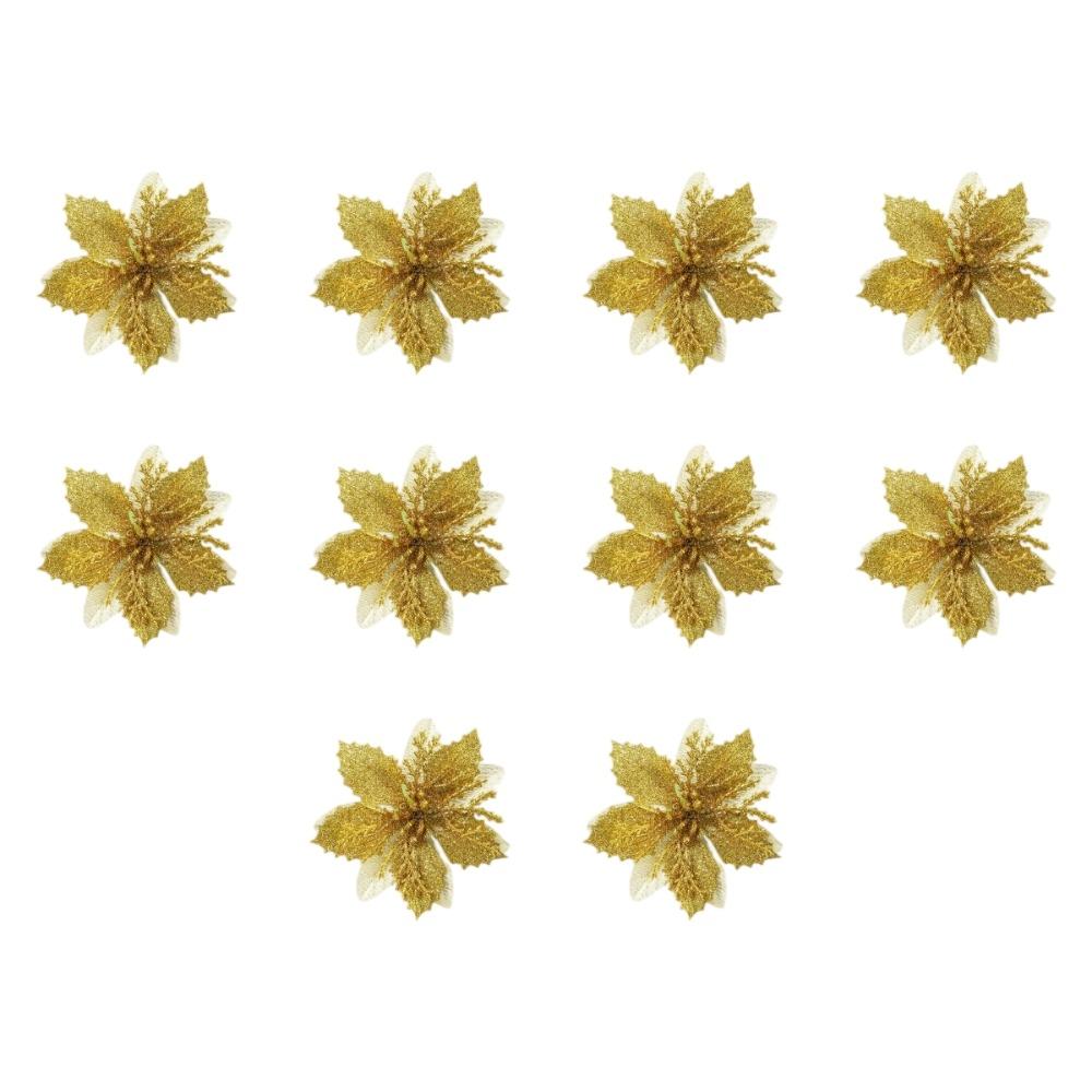 10Pcs Multi-Color Artificial Poinsettia Flowers Sequin Plastic Christmas Flowers Ornaments Holiday