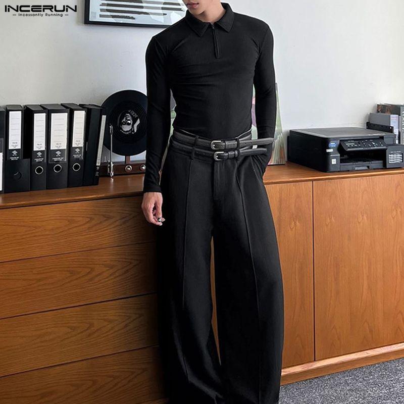 INCERUN Men Lapel Neck Long Sleeve Plain Texture Casual Tops T-Shirts 